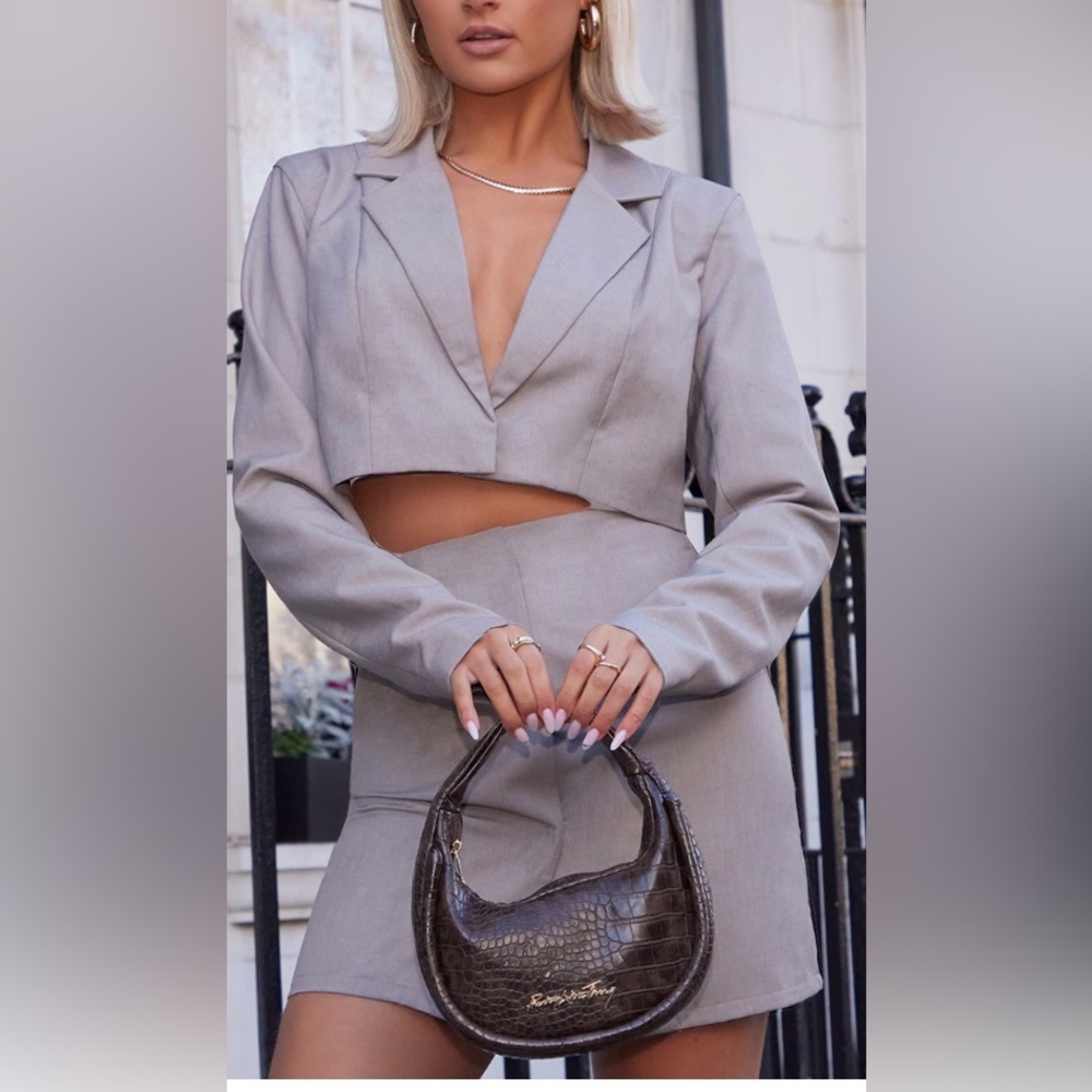 pretty little things taupe oversized crop blazer and skirt set NWT